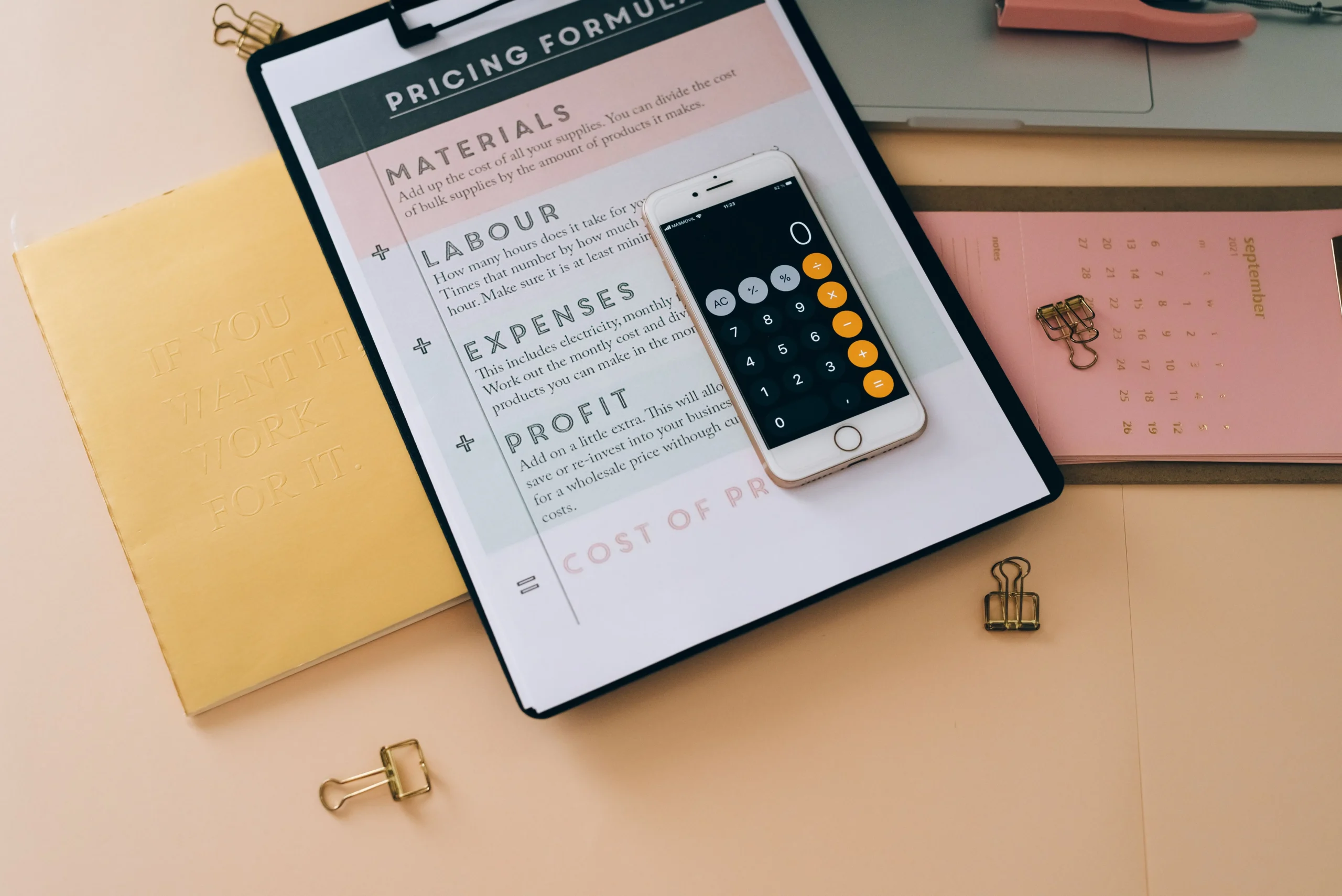 Calculator on a cost planner with labour, expenses and profit sections, representing law firm website cost