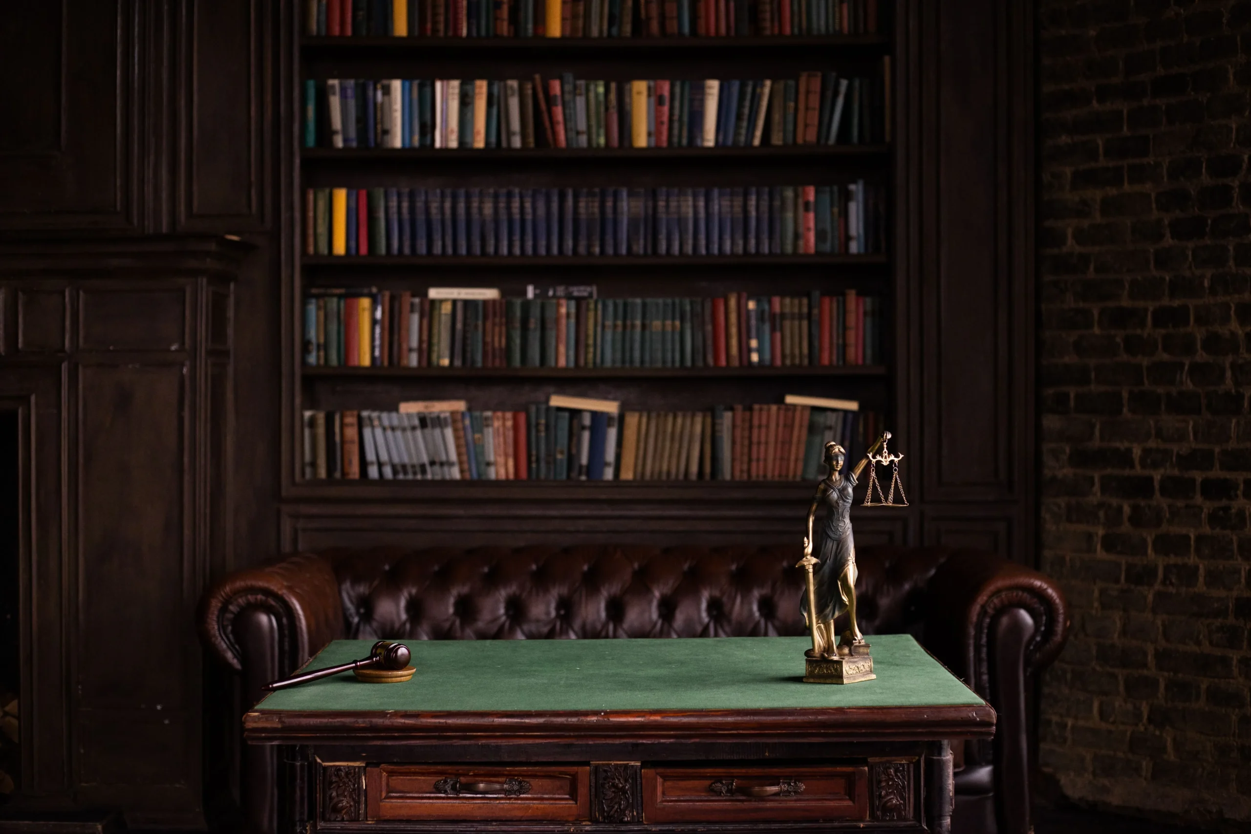 Law library with shelves of books and scales of justice on a desk