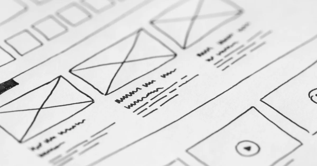 Hand-drawn website wireframe sketch on paper
