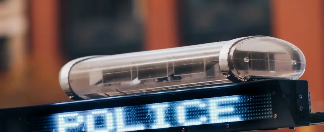 Police car light bar with a lit POLICE sign