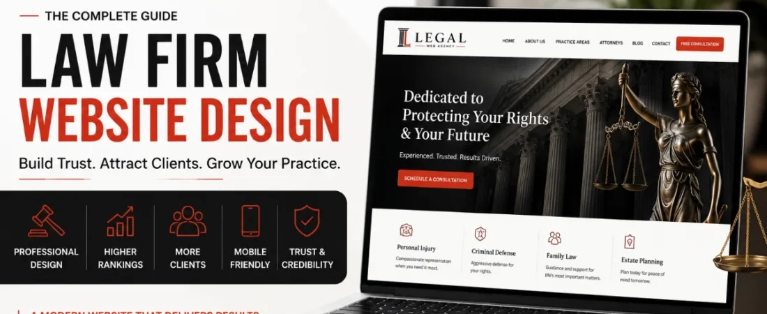Law firm website design guide cover with a law firm homepage shown on a laptop