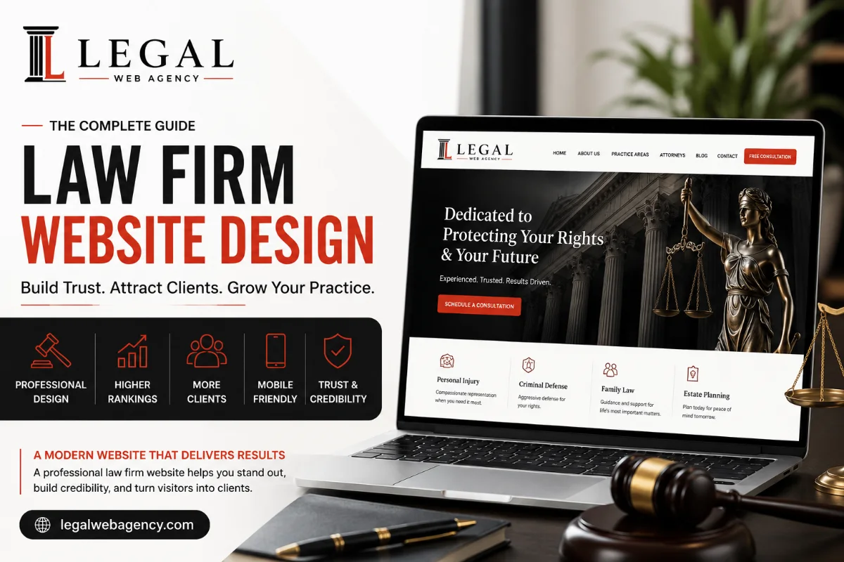 Law firm website design guide cover with a law firm homepage shown on a laptop